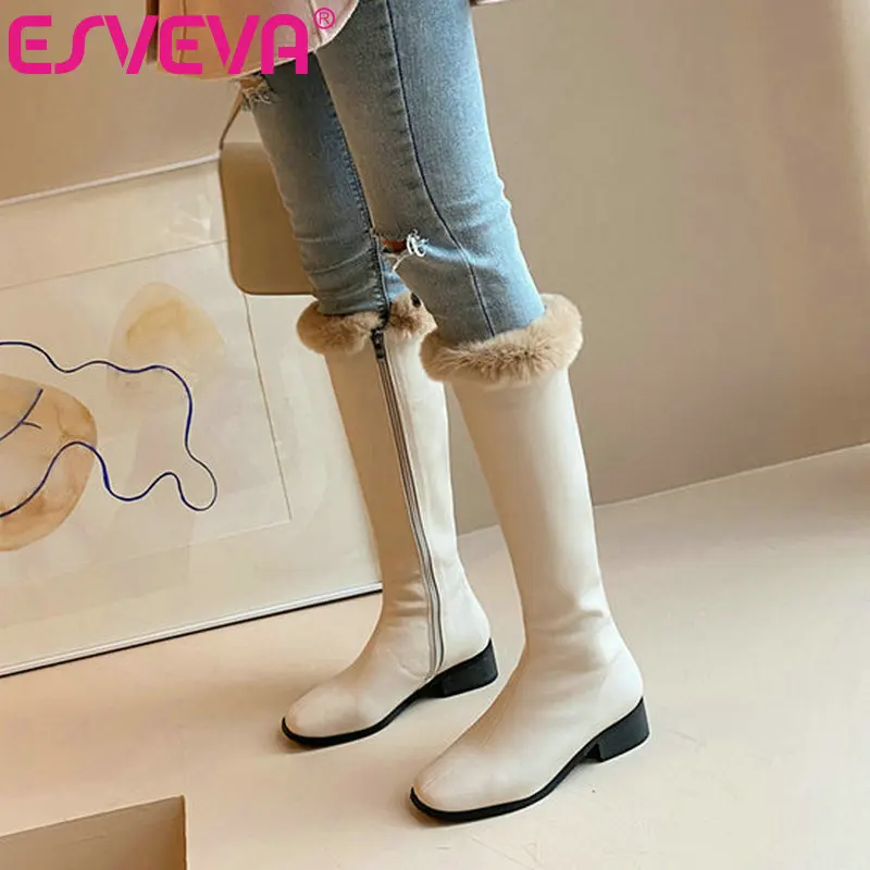 

ESVEVA 2021 Square Med Heel PU+Leather Knee High Boots Women Boots Shoes Round Toe Western Style Zipper Boots Size 34-39