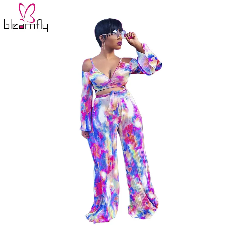 Новинка Женский шифоновый топ с длинным рукавом прямые штаны комплект из двух