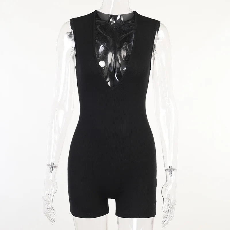 

2021 New Arrivals Summer Style Sleeveless V Neck White Black Solid Bodycon Sexy High Street Lady Playsuits