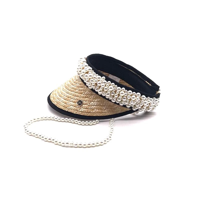 High Quality Handmade Customize Pearl Empty Top Visors Women Summer New Design Straw Sun Hats Beach Caps For Female Visera Mujer images - 6