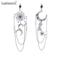 luoteemi asymmetrical authentic crescent half moon and star dazzling blue cz tassel chain drop earrings for women wedding bridal