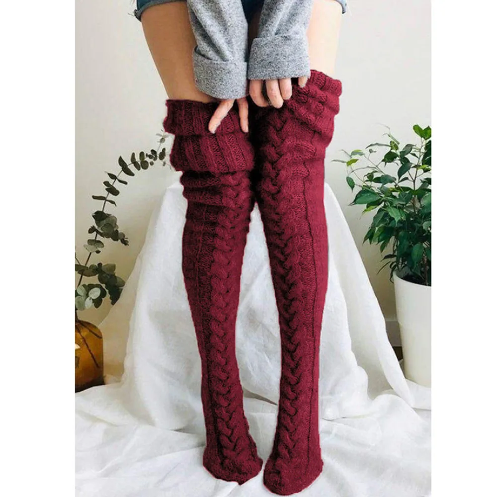 Foot Warmer Stockings European and American Autumn and Winter Solid Color Over-the-knee Socks Stockings Thick Female Socks