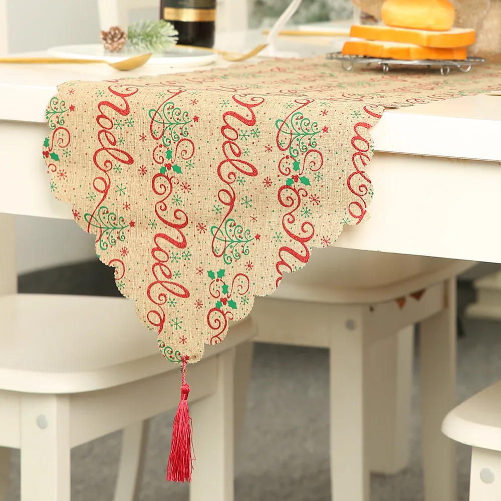 Christmas Decoration Linen Printed Table Flag Runner Tassel Tablecloth Placemat Hotel Home Festival | Дом и сад