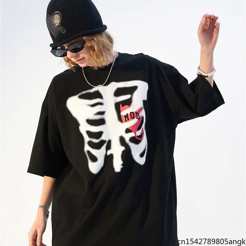 

Hip Hop Summer Short Sleeve Streetwear Women Harajuku Skeleton Print T-shirt Vintage Clothes Punk Oversized Goth Tops