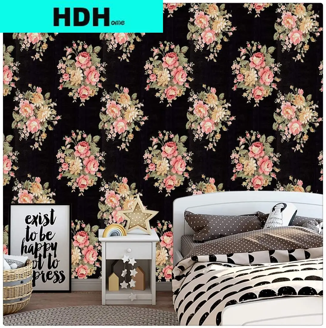 

HDHome Floral Peel and Stick Wallpaper Black/Pink Flower Self Adhesive Removable Wallpapers Waterproof Easy to Use for Bedroom