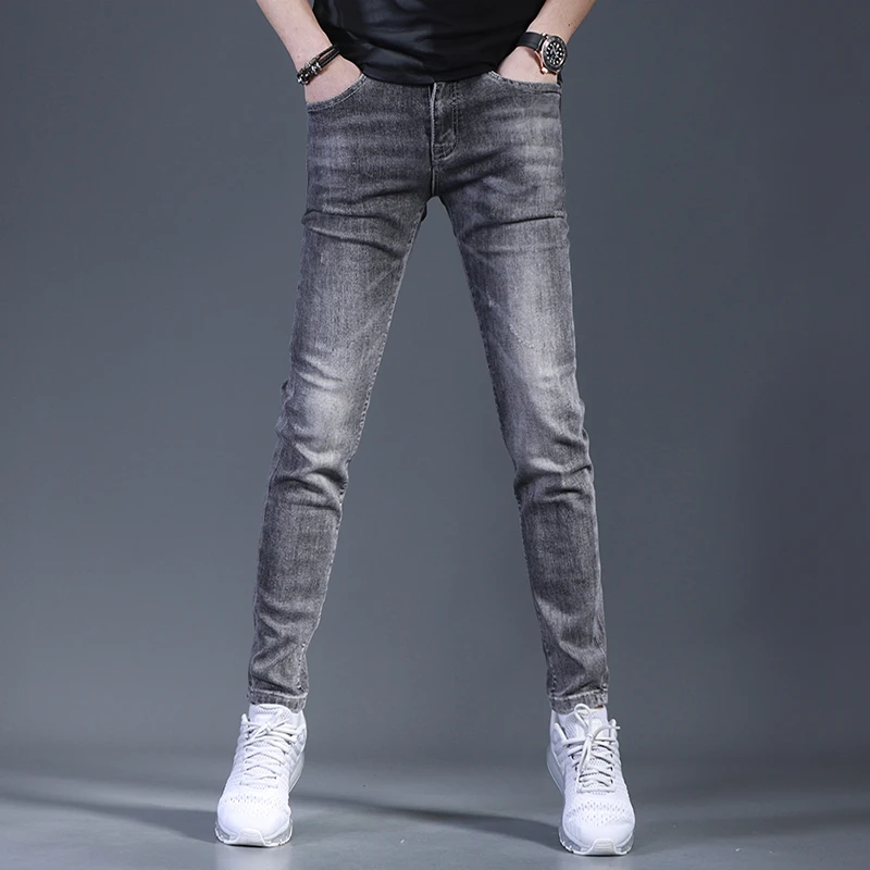 Summer Korean Style Men Gray Jeans Casual Slim Fit Pencil Pants Streetwear Denim Trousers