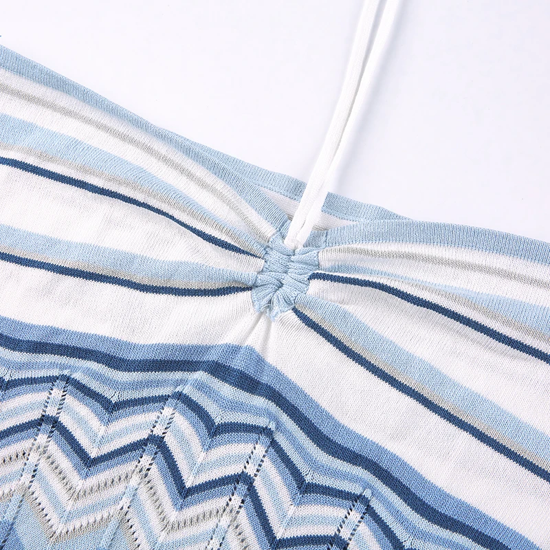 

Vintage Wave Striped Y2K Knitted Mini Dresses Aesthetic Cute Bodycon Halter Dress Summer Korean Cute Outfits Sexy Cuteandpsycho