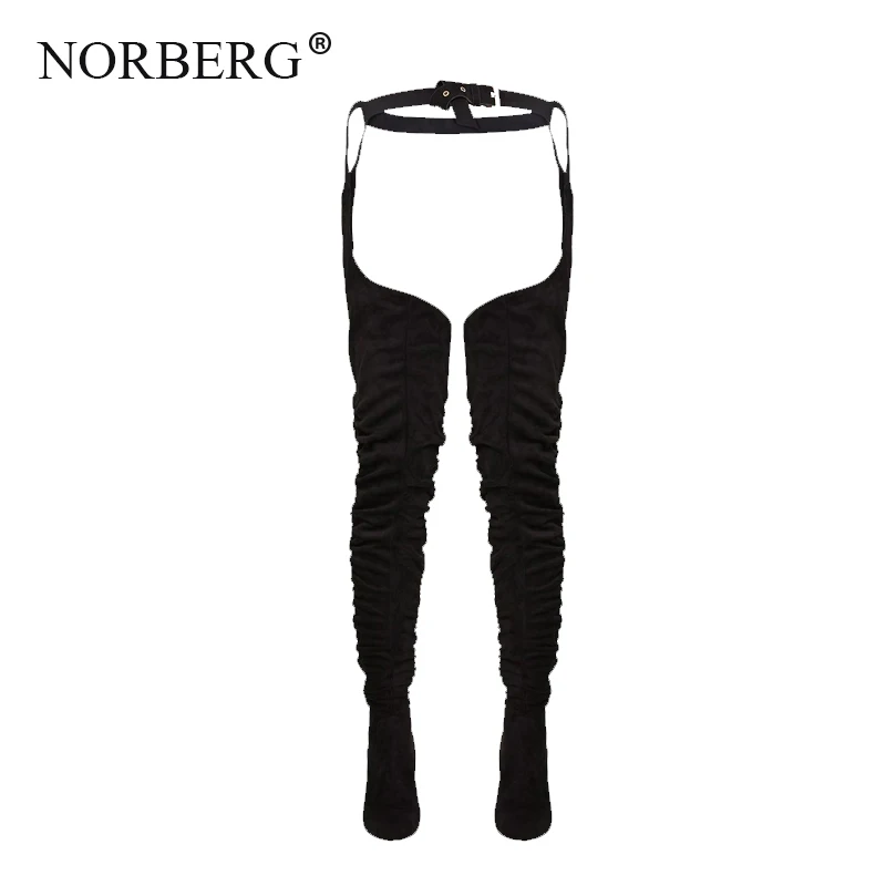NOORBERG/высокие сапоги до бедра; черные пикантные Женские Сапоги выше колена в стиле Рианны; обувь с острым носком из плиссированной замши на высоком каблуке