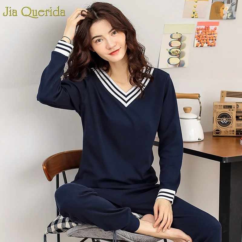 Женский пижамный комплект женские пижамы темно синего цвета 100% хлопок Осень зима