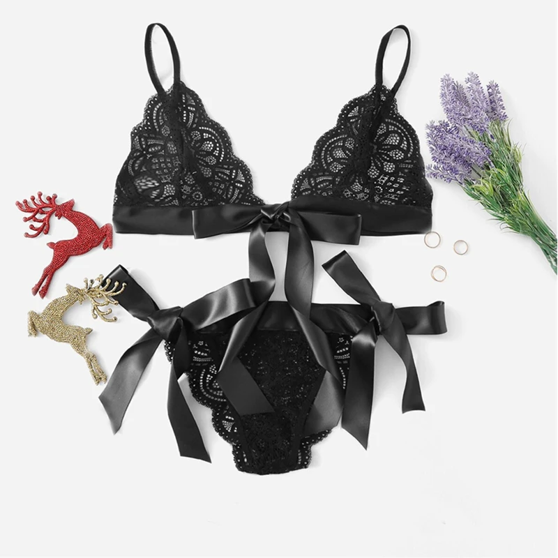 

Women Bras Christmas Flirt Sexy Lingerie Female Underwear Suit Bow Lace Three Point Clothes Brassiere Exotic Set Valentine'sGift