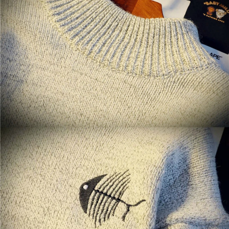 

Pullovers Men Autumn Cartoon Embroidery Vintage Turtleneck Korean New Loose Leisure Mens Tops Knit Teens Fashion Chic Pullover