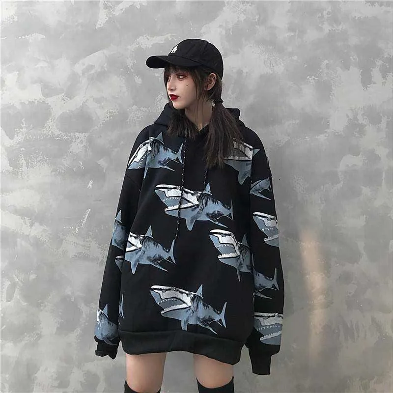 NiceMix Женская Зимняя коллекция, новая мода, ins, принт акулы, Harajuku, свободная повседневная бархатная куртка в стиле ретро в стиле хип-хоп, куртка с капюшоном