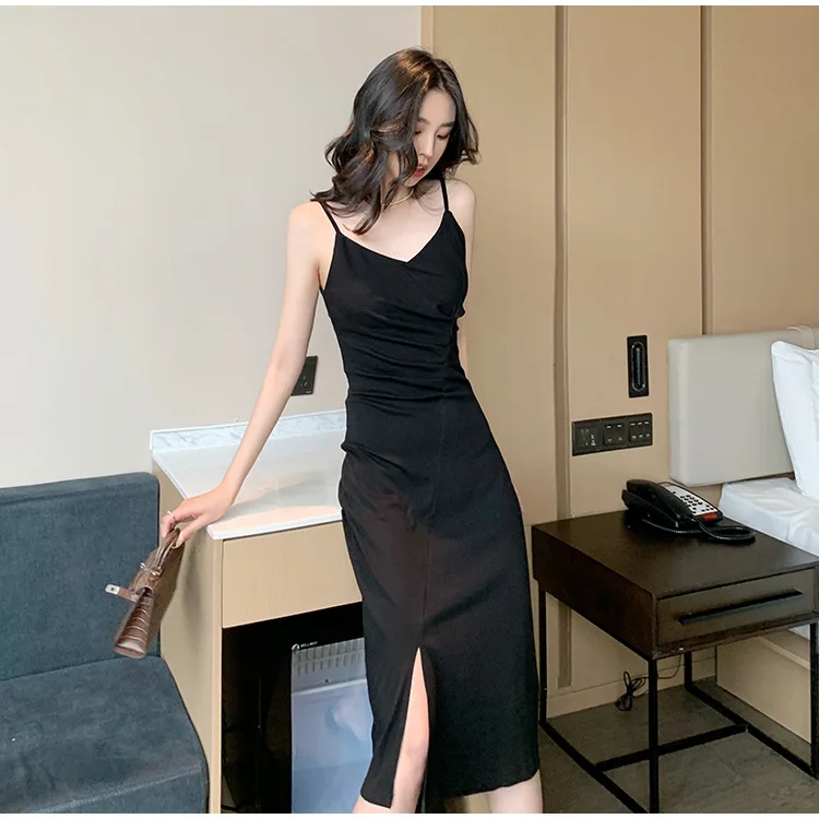 

2021 Korean women's pleated split small sling skirt mid length slim bottom dress