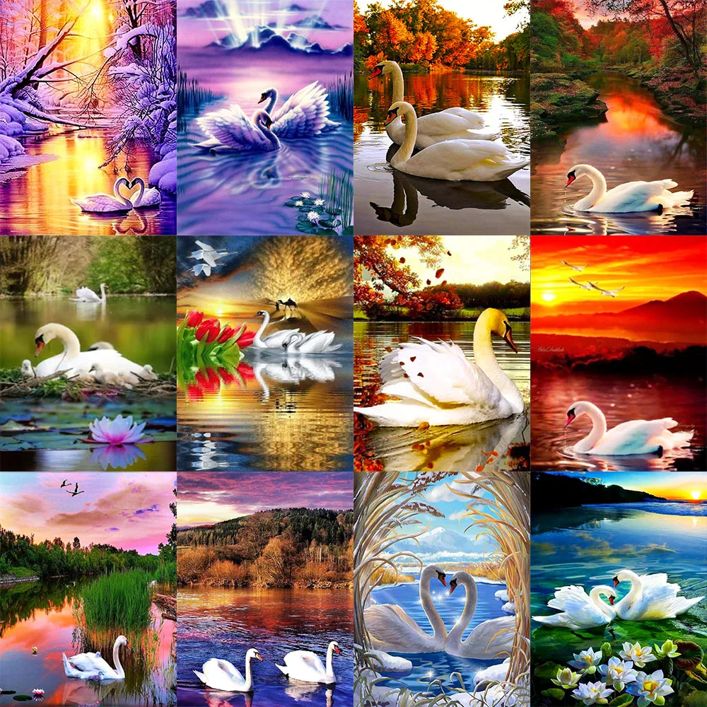 

DIY Diamond Sunset Painting Wall Artwork Full Round Drill Cross Stitch Swan Picture 5D Embroidery Mosaic Handmade Home Decoratio
