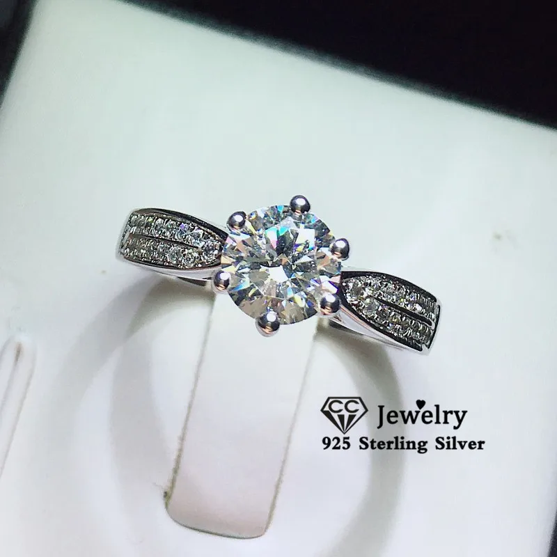 Кольца СС для женщин S925 Серебряное круглое 6 когтей 1ct кубическое циркониевое