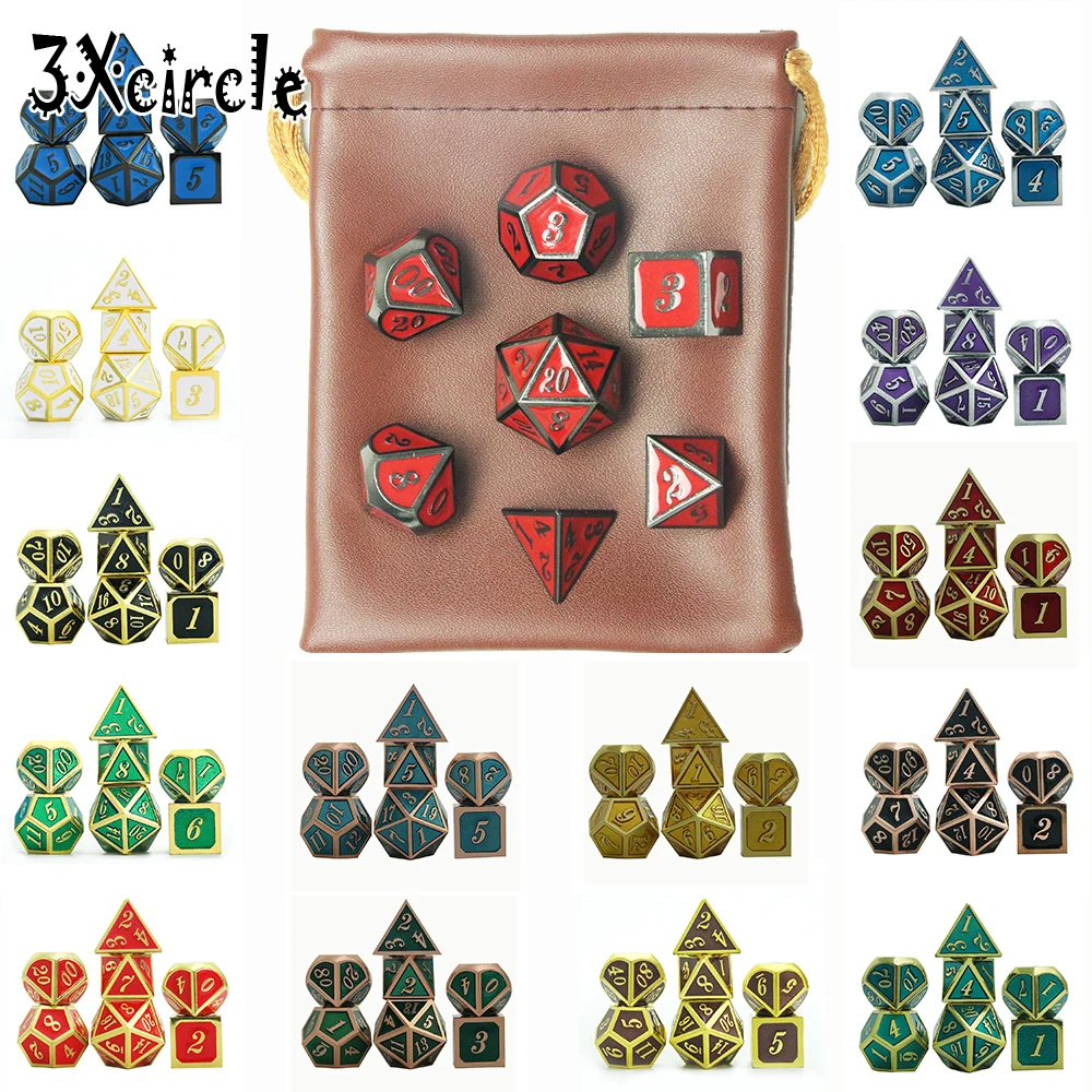 7 Die набор металлических многогранных игральных костей с чехлом для игры в