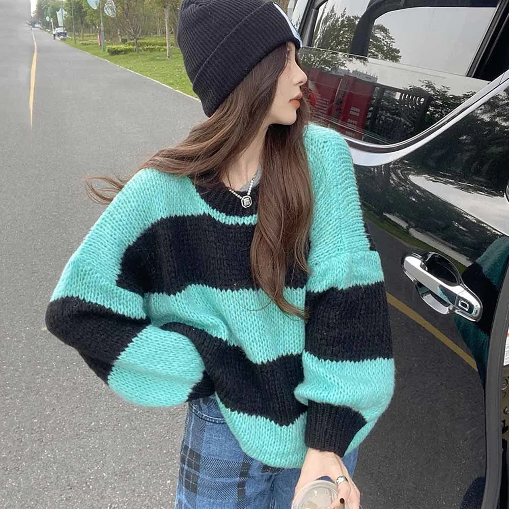 

Loose Sweaters Woman Long Sleeve Round Neck Cozy stripe Pullover Casual Vintage Classic Sweater Tops 2021
