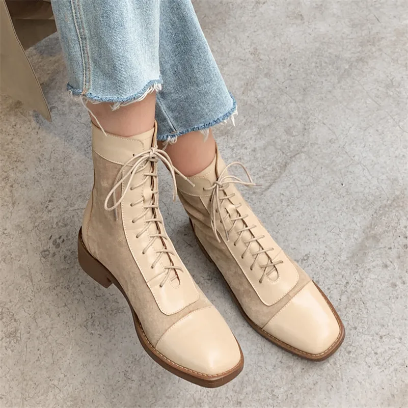 

Meotina Real Leather Mid Heel Short Boots Ankle Boots Women Shoes Square Toe Thick Heels Zip Lace Up Boots Ladies Autumn Size 40
