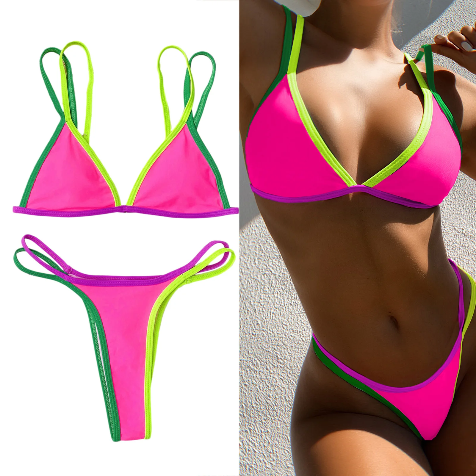 

Women Fashion 2-piece Swimming Suit Color Block Top+Bottoms Bikini Set Stylish Bathing Suit