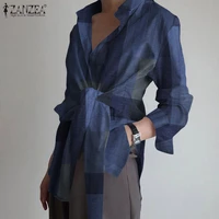 stylish lace up top womens asymmetrical blouse 2021 zanzea casual long sleeve chemise female button work blusas tunic