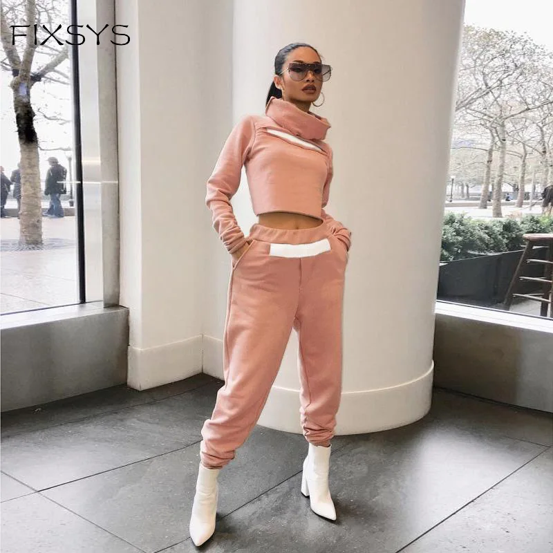 

Turtleneck Solid Patchwork Sporty Two Piece Set Autumn Winter 2020 Fitness Crop Sweater Top + Pants Sweat suit Joggers Women Set