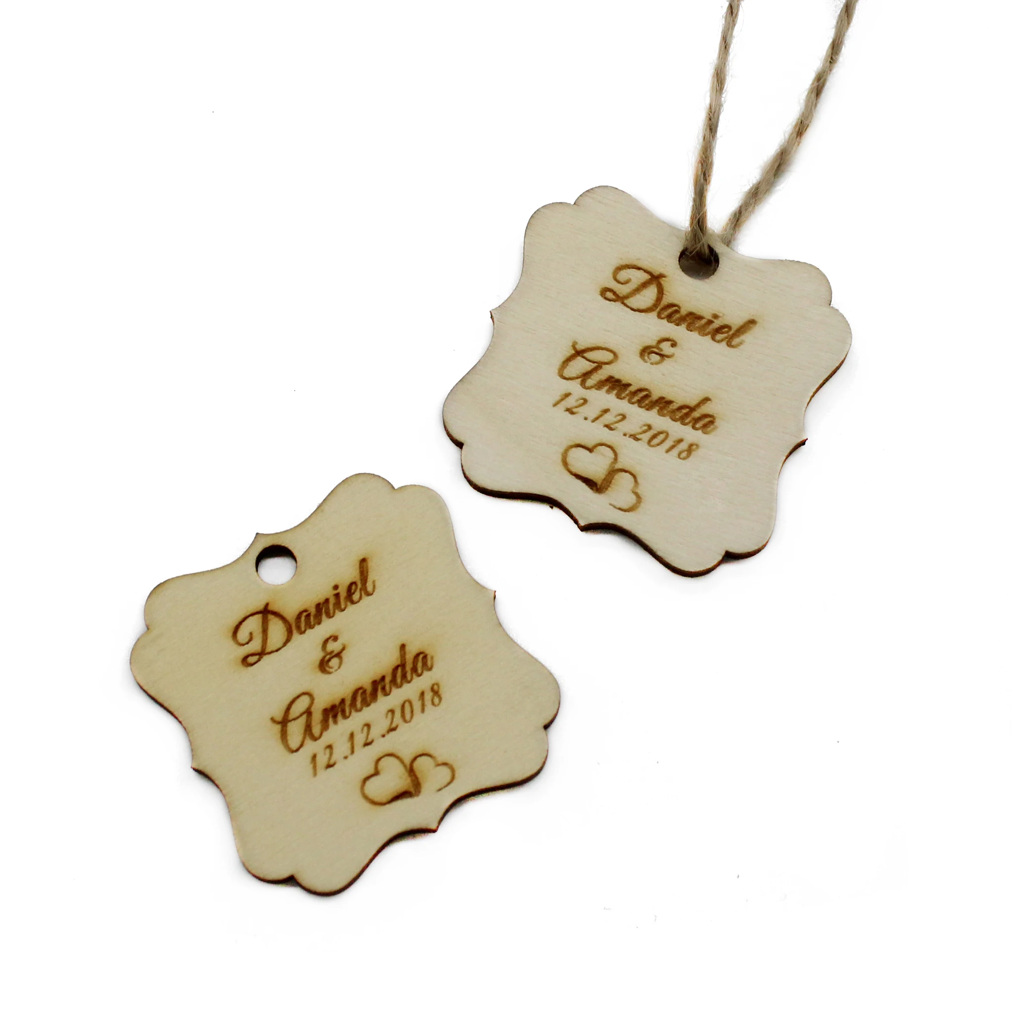 

100pcs Personalized Engraved Wooden Square Name Tags Jute String Wedding Tags Logo Baby Shower Christening Gift Decor Favors