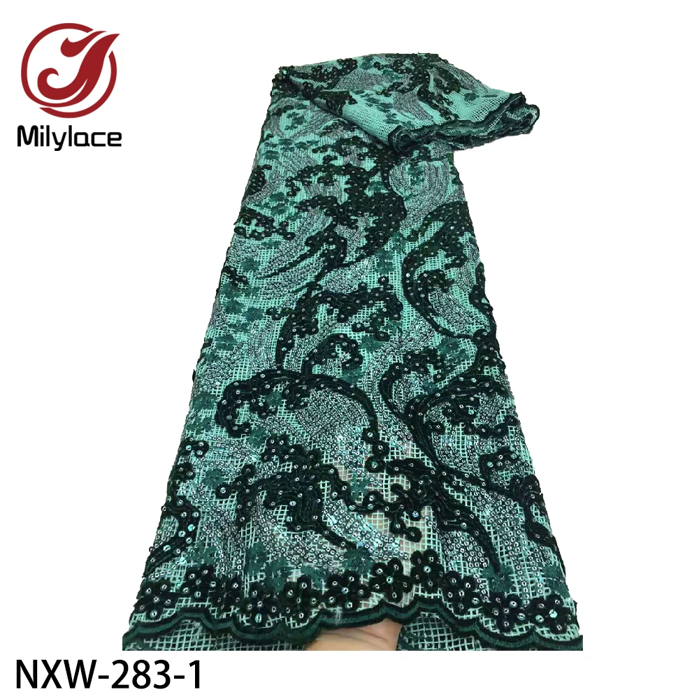 

Nigerian Sequins Velvet Lace Fabrics Emerald High Quality Mesh Lace African Fabric Lace for Wedding Party Dress NXW-283