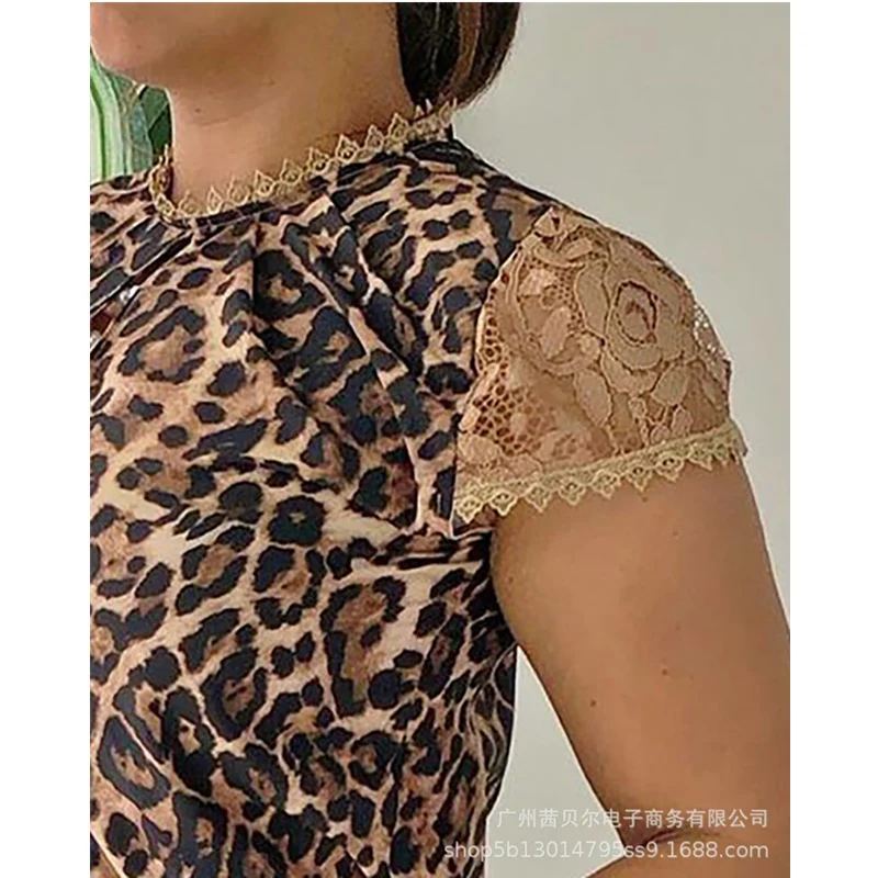 

WEPBEL Women Elegant Summer Outfits Ladies Sexy Lace Hollow Out Leopard Print Shirt & Shorts Two Piece Set Female Tracksuit