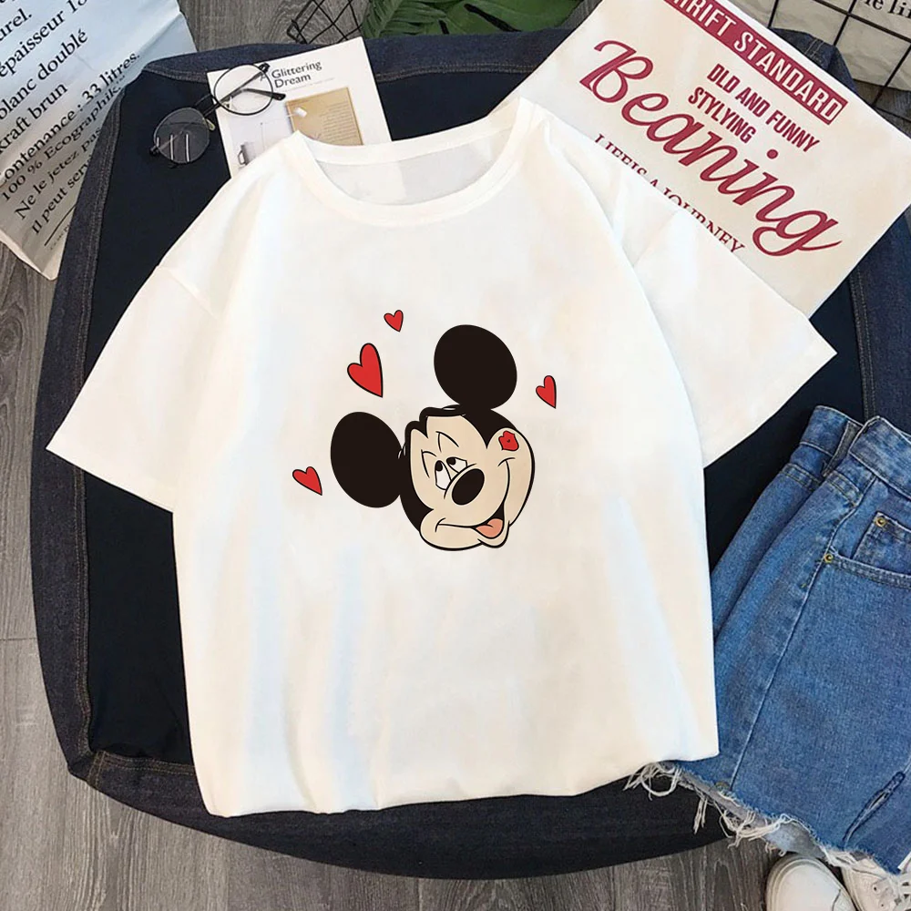 

Disney Mickey Mouse Tshirts Cartoon Print O-Neck Fashion Short Sleeve White T-Shirt Casual Women Loose Tee Tops