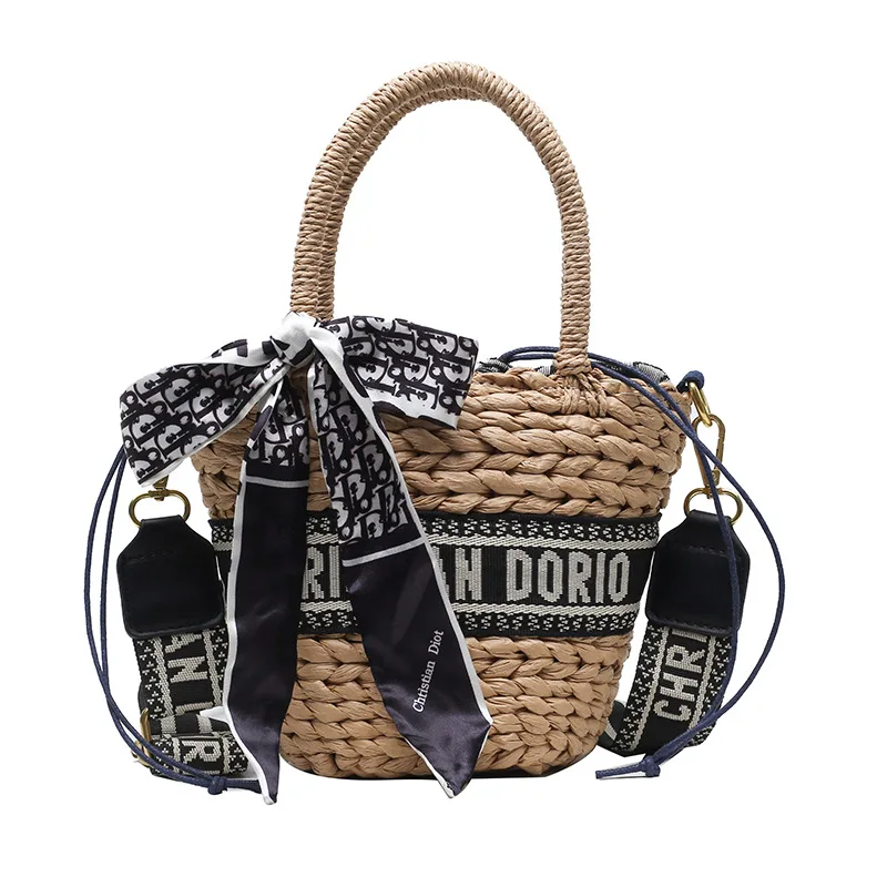 

Fashion Drawstring Ladies Shoulder Bag Women bow Cross-body Shoulder Bag Straw weaving Women Hand Bag Small Bucket bag