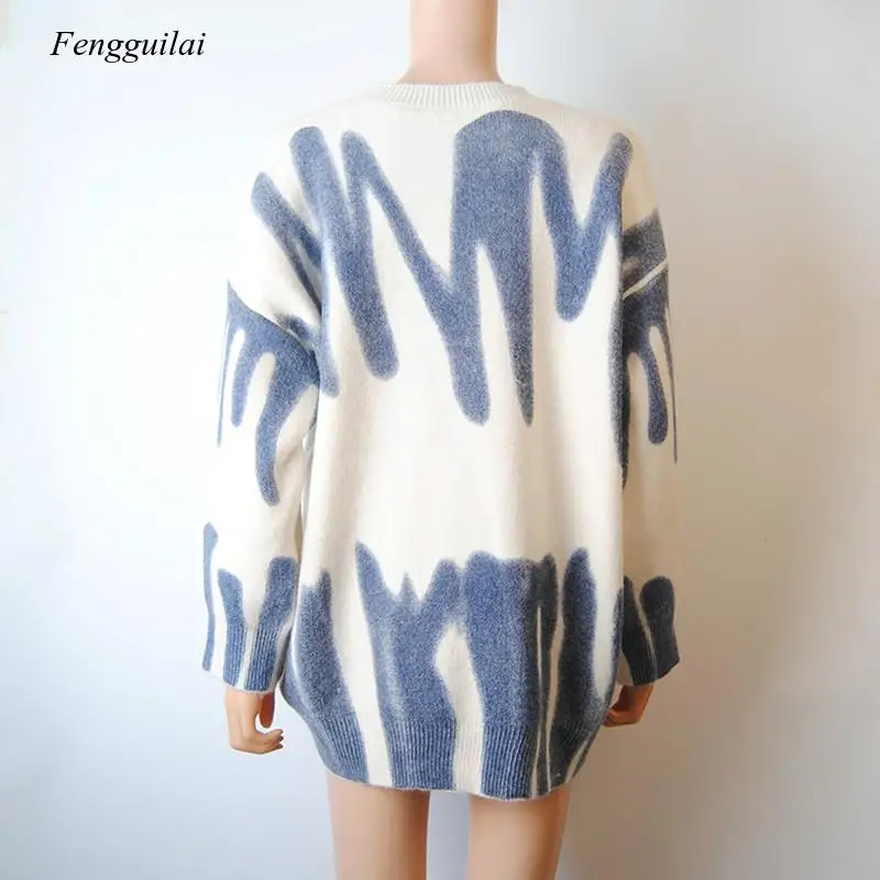 

Elegant Green Striped Print Oversized Pullovers Women Winter O-Neck Loose Long Sweaters Street Wear Warm Outerwear 2021