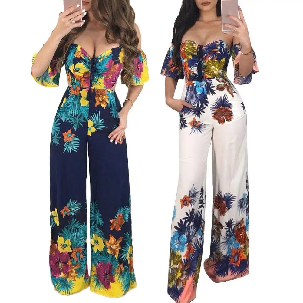 

75% Hot Sales Floral Printed Strappy Women Sexy Tube Top Jumpsuit Romper Wide Leg Trousers