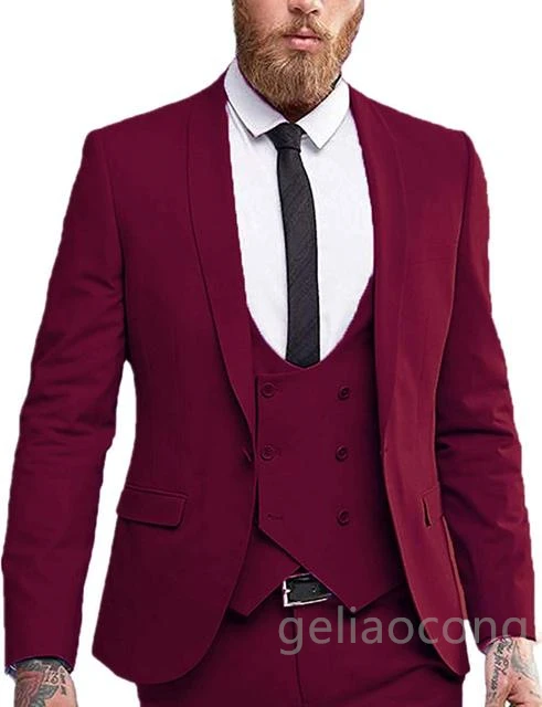 Custom Made Men Suits Burgundy/Blue 3 Pieces Slim Fit Business Suits Groom Tuxedos for Formal Wedding suit (Blazer+Pants+Vest)