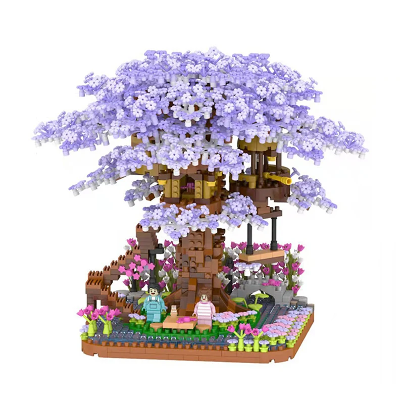 

Cherry Blossoms Tree House Building Blocks Japanese Street Purple Sakura Blocks Mini MOC Assembly Brick Friend Toys for Children