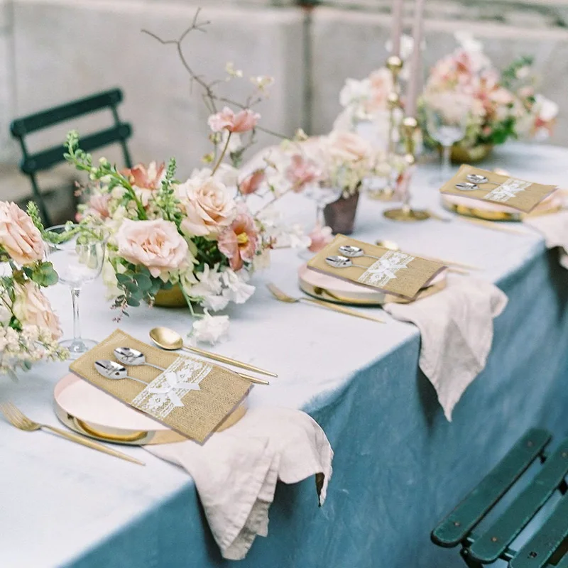 

5Pcs Vintage Jute Burlap Lace Cutlery Bag Hessian Rustic Wedding Tableware Knife Fork Holder Pouch For Birthday Party Table Deco