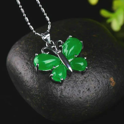 Натуральный зеленый нефритовый кулон с бабочкой 925 Серебряное ожерелье