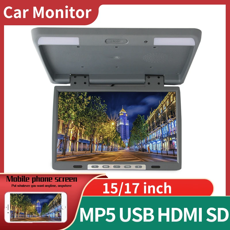 

HotSale HD 1080P 15/17 Inch Car Roof Monitor Mount Flip Down MP5 Player With IR/USB/SD/HDMI/FM Audio Output For Car Ceiling TV
