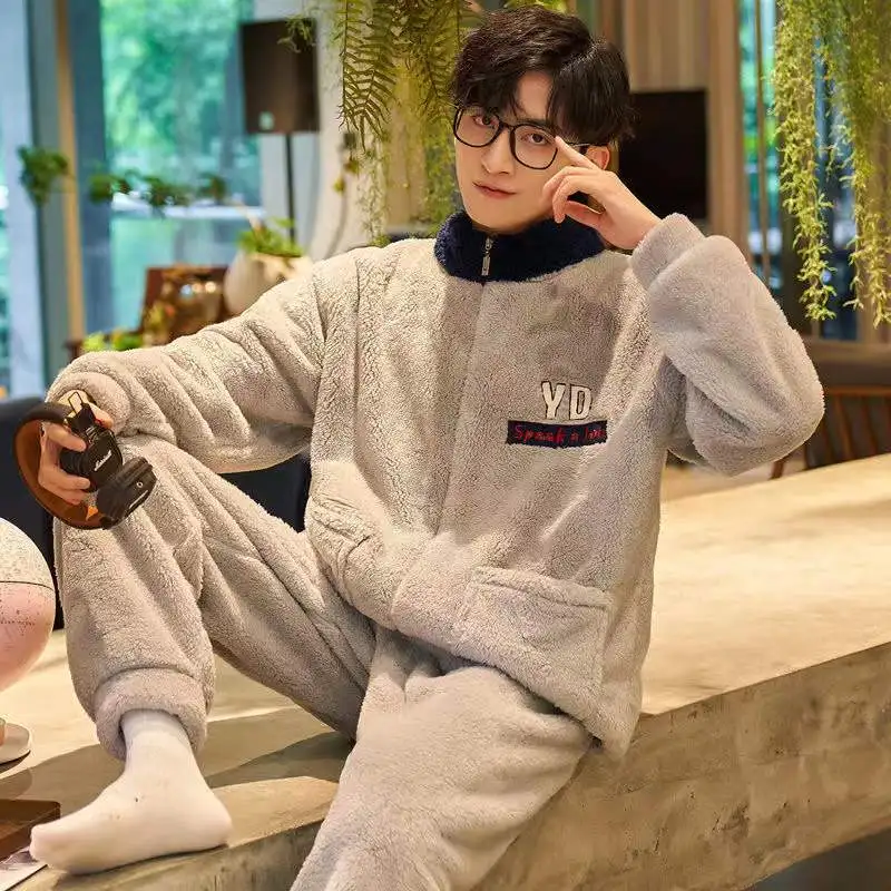 Pajamas Sets For Men Winter Thicken Warm Coral Velvet Sleepwear 2 Piece Flannel Home Suit Soft Nightwear Homewear Home Cloth