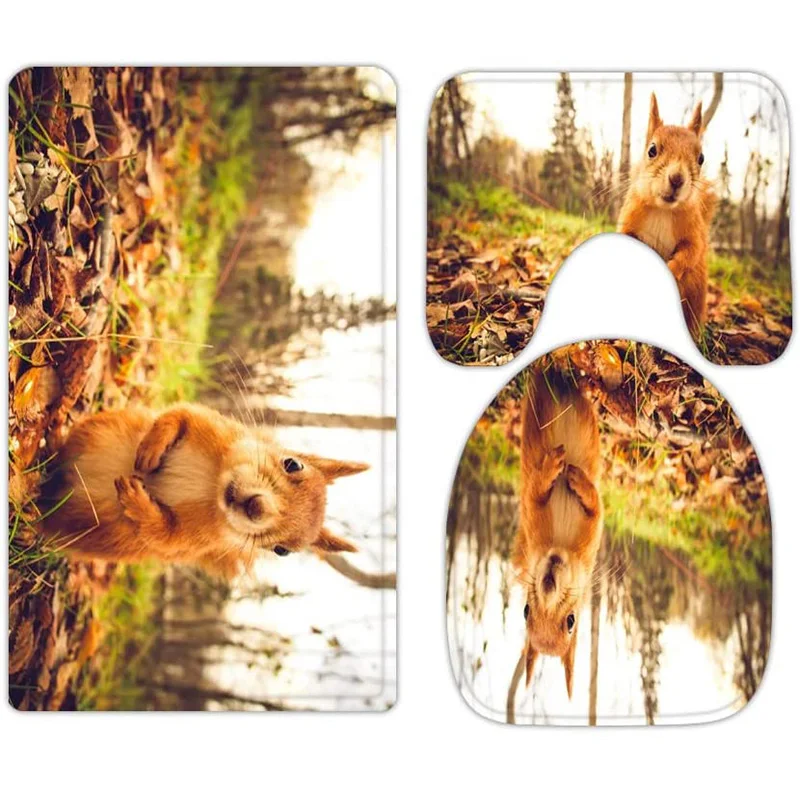 

Autumn theme cute animal forest squirrel 3-piece bathroom carpet, U-shaped cushion, non-slip goose down toilet seat, washable