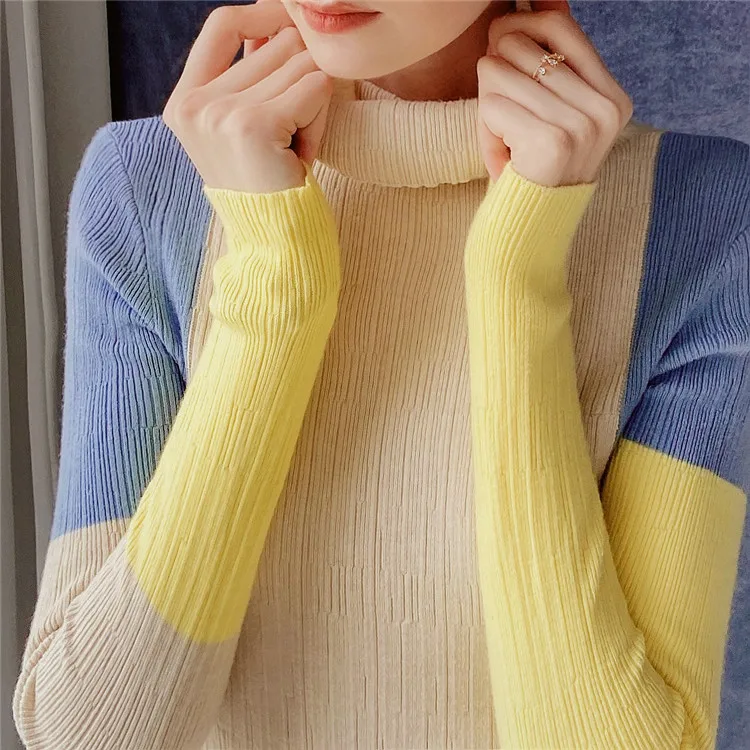 

Winter Slim Fit Colorful Knitted Sweaters Female Casual Patchwork Turtleneck Pullover Sweater Women Autumn