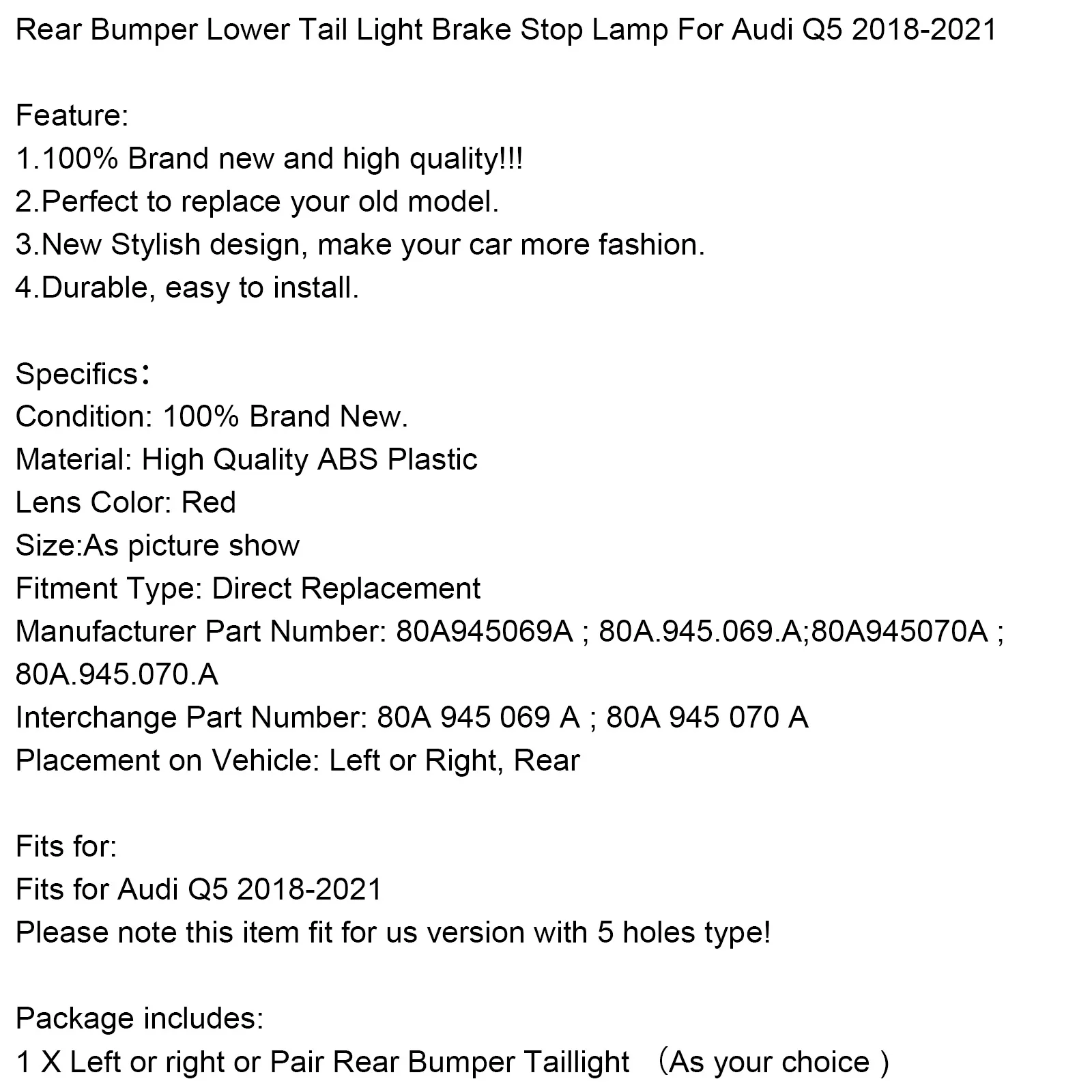 Artudatech Rear Bumper Lower Tail Light Brake Stop Lamp For Audi Q5 2018-2021 US Version Car Accessories | Автомобили и мотоциклы