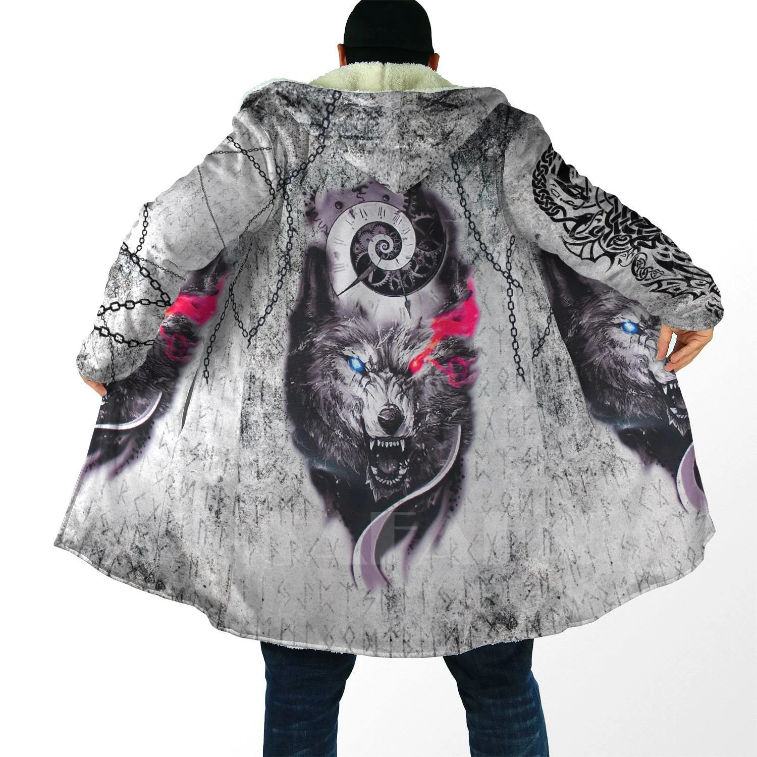 

Night Wolf Viking Tattoo Print Thick Warm Hooded Cloak for Men Overcoat Coat Windproof Fleece Cape Coat Robe Hooded Blanket-7