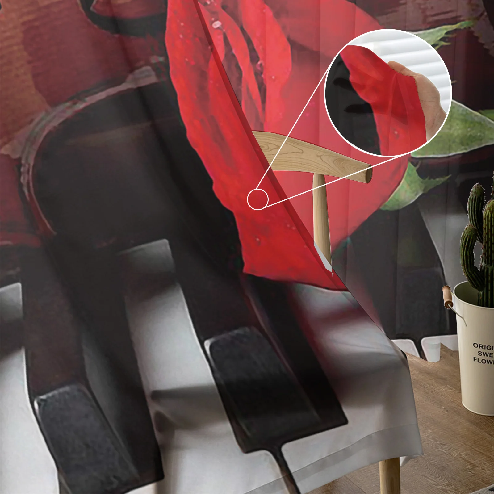 Занавеска на окно с изображением скрипки и красных роз для пианино Современная