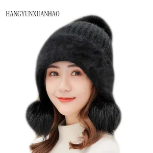 2019 New Women Rabbit hair Knitted Hat Winter Caps Thick Warm Skullies Hat Three Pom Pom Winter Ski Beanie Cute beanie caps for 2019 New Women Rabbit hair Knitted Hat Winter Caps Thick Warm Skullies Hat Three Pom Pom Winter Ski Beanie Cute beanie caps for