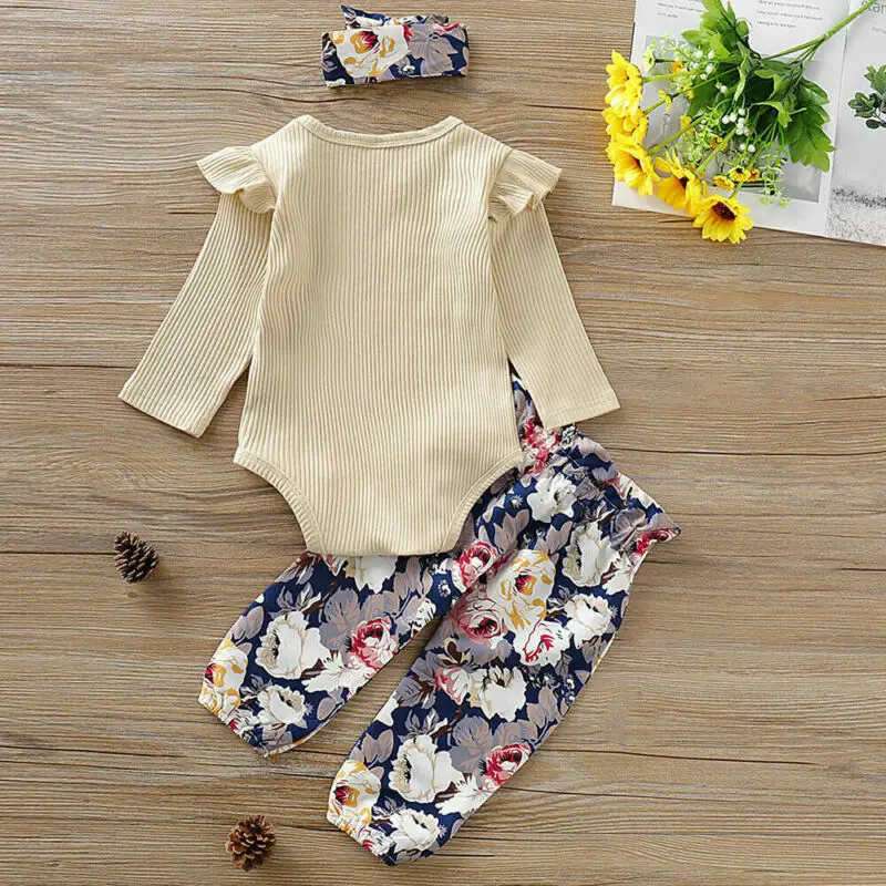 3 шт./комплект Хлопковое трикотажное боди с длинным рукавом штаны цветами и
