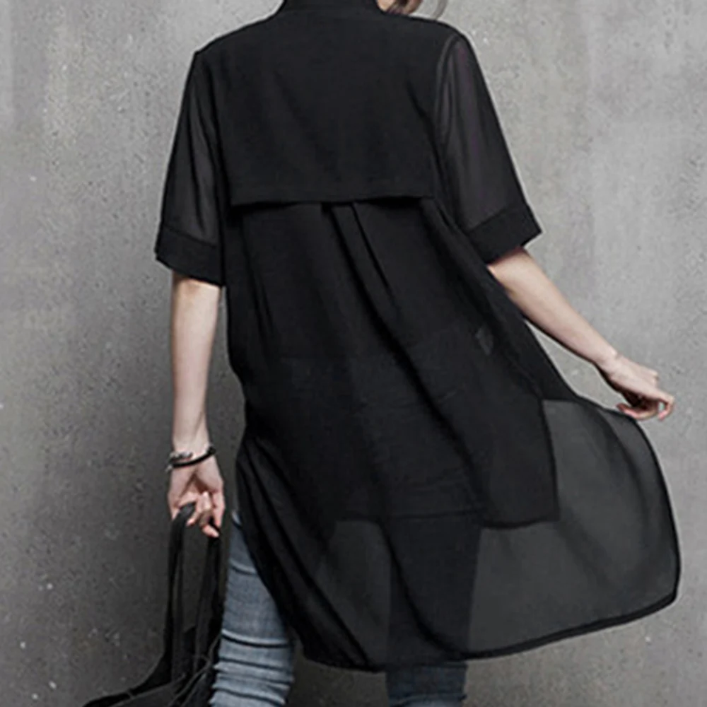 

Summer 2021 New Korean Fashion Mid-length Solid Color Women's Loose Short Sleeve Chiffon Blouse V-neck Loose Casual Tops