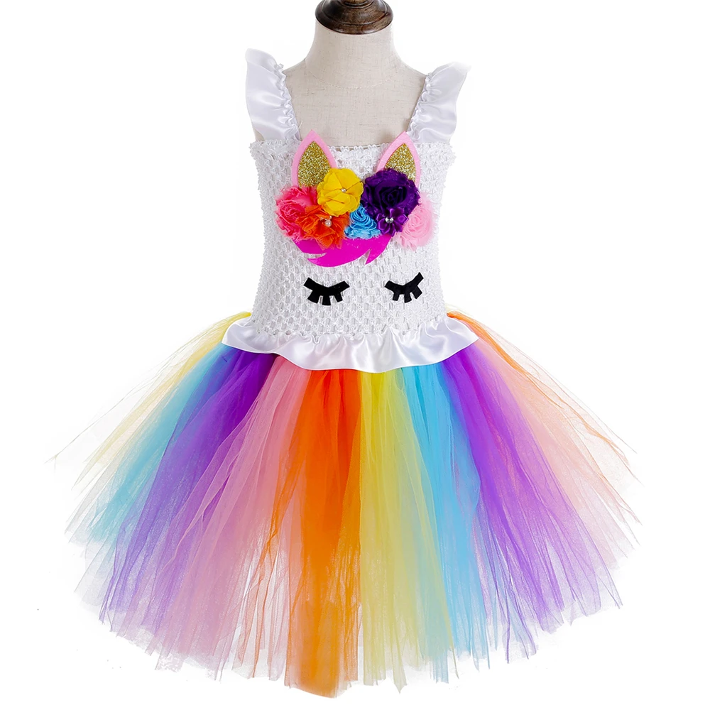 Яркое Радужное платье-пачка с единорогом тюлевые платья принцессы цветами для