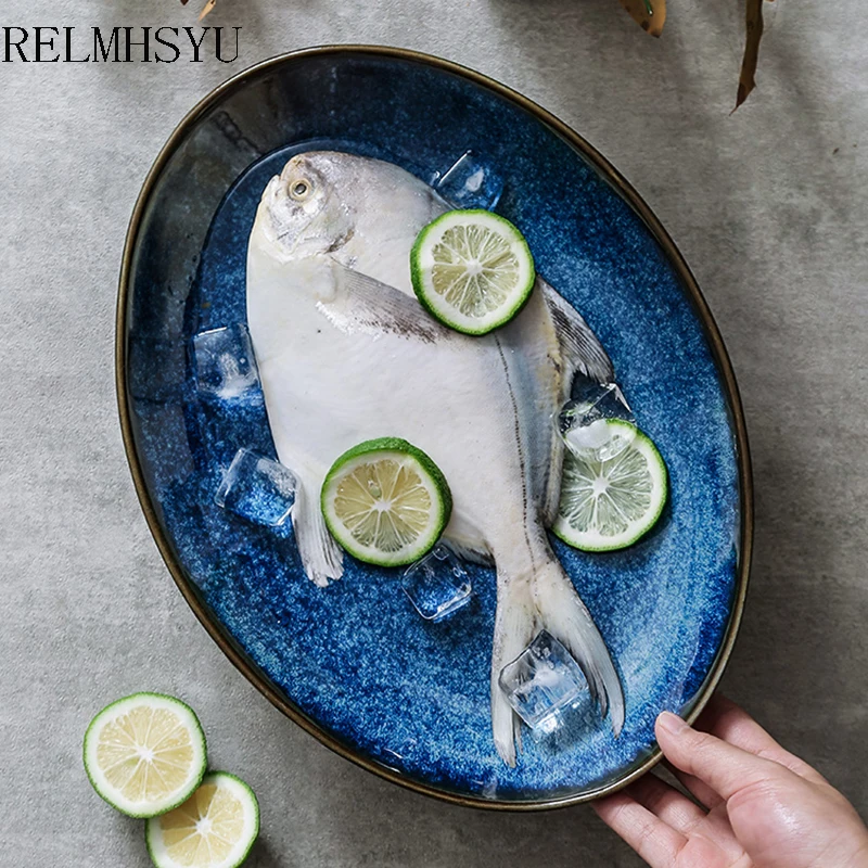 

1PC RELMHSYU12Inch Nordic Style Ceramic Blue Oval Fish Large Steamed Deep Dinner Plate Dish Household Tableware