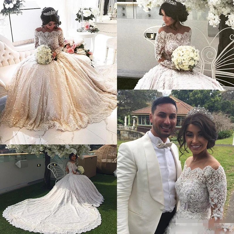 

2019 New Princess Ball Gown Wedding Dresses Sheer Neck Long Sleeve Off-the-shoulder Crystals Pearle Beaded Luxury Lace Bridal Go