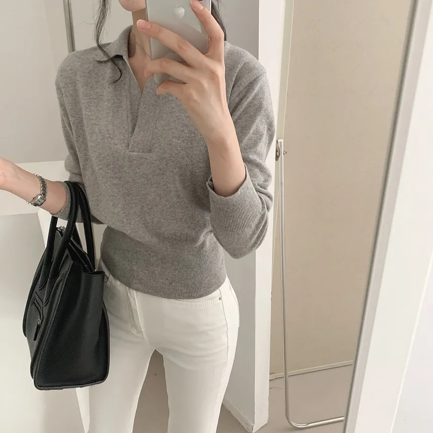 

Gentle Style Long Sleeve Outer Wear Pullover Slim Polo Sweater Women's Fall Winter Waist Inner Basic Top Knitted Jumper Knitwear